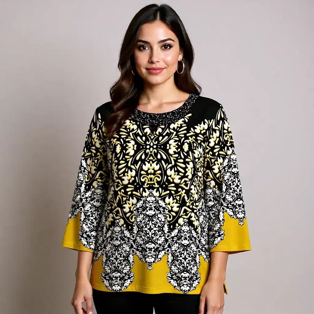 JM Collection Petite Yellow Black Damask Beaded Neck‎ 3/4 Sleeve Top PM